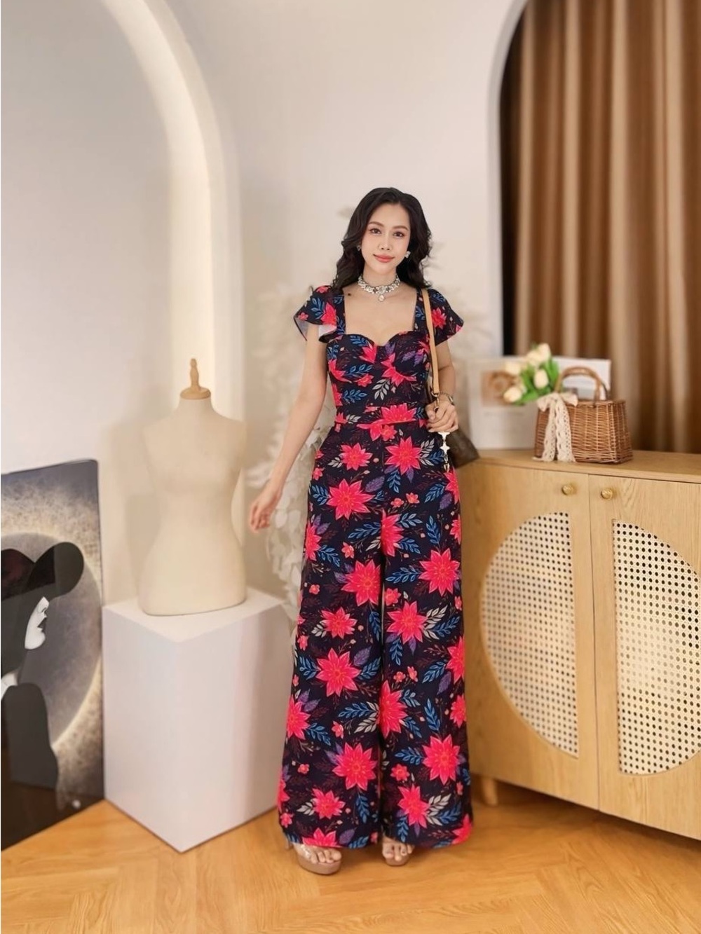 Floral Wide-Leg Jumpsuit in Black with Pink Floral Print